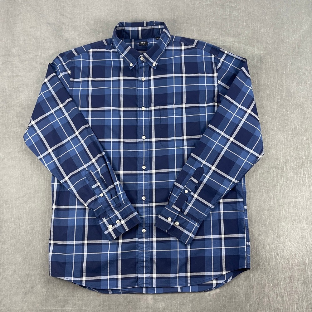 Uniqlo Mens Large Blue Plaid Button Down Shirt Long Sleeve Cotton